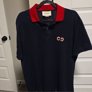 Gucci Men's Navy Polo Shirt Red Collar Logo Accent Short Sleeve Casual Knit